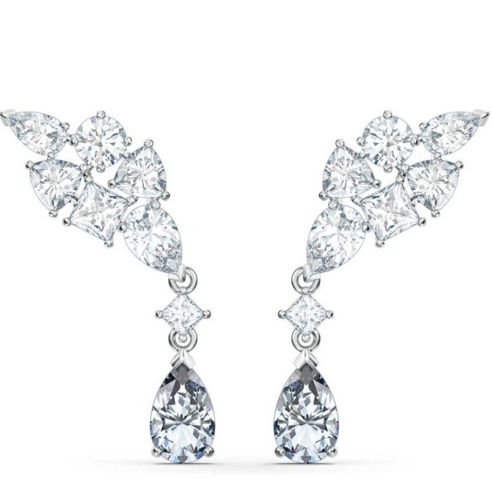 Swarovski Tennis Deluxe Cluster Mixed Pierced Earrings, White, Rhodium Plated